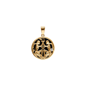 PENDENTIF PLAQUÉ OR MEDAILLE 15MM ONYX NOIR IMITATION ZODIAQUE GEMEAUX ET 1 OXYDE BLANC