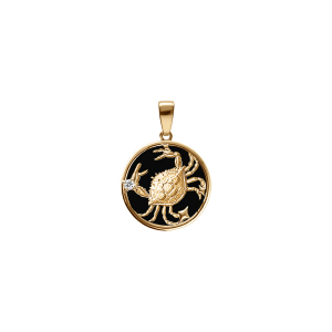 PENDENTIF PLAQUÉ OR MEDAILLE 15MM ONYX NOIR IMITATION ZODIAQUE CANCER ET 1 OXYDE BLANC