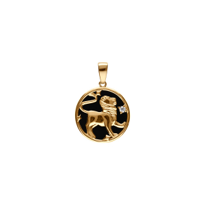 PENDENTIF PLAQUÉ OR MEDAILLE 15MM ONYX NOIR IMITATION ZODIAQUE LION ET 1 OXYDE BLANC