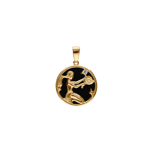 PENDENTIF PLAQUÉ OR MEDAILLE 15MM ONYX NOIR IMITATION ZODIAQUE VIERGE ET 1 OXYDE BLANC