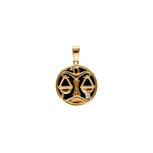 PENDENTIF PLAQUÉ OR MEDAILLE 15MM ONYX NOIR IMITATION ZODIAQUE BALANCE ET 1 OXYDE BLANC