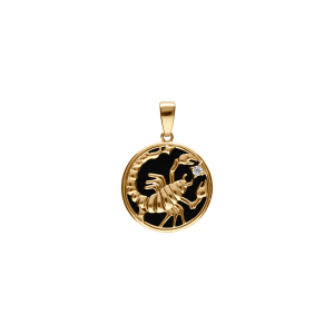 PENDENTIF PLAQUÉ OR MEDAILLE 15MM ONYX NOIR IMITATION ZODIAQUE SCORPION ET 1 OXYDE BLANC