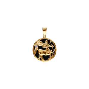 PENDENTIF PLAQUÉ OR MEDAILLE 15MM ONYX NOIR IMITATION ZODIAQUE SAGITTAIRE ET 1 OXYDE BLANC