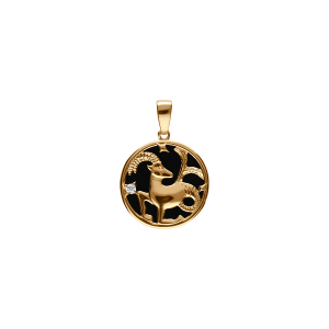 PENDENTIF PLAQUÉ OR MEDAILLE 15MM ONYX NOIR IMITATION ZODIAQUE CAPRICORNE ET 1 OXYDE BLANC