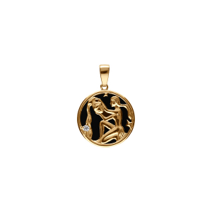 PENDENTIF PLAQUÉ OR MEDAILLE 15MM ONYX NOIR IMITATION ZODIAQUE VERSEAU ET 1 OXYDE BLANC