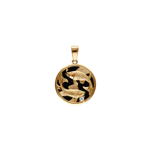 PENDENTIF PLAQUÉ OR MEDAILLE 15MM ONYX NOIR IMITATION ZODIAQUE POISSONS ET 1 OXYDE BLANC