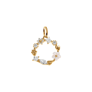 PENDENTIF PLAQUÉ OR JARDIN FLEURI OXYDES BLANCS ET FLEUR NACRE BLANCHE