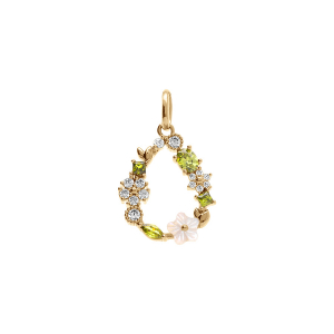 PENDENTIF PLAQUÉ OR GOUTTE JARDIN FLEURI OXYDES BLANC ET VERT OLIVE FLEUR NACRE