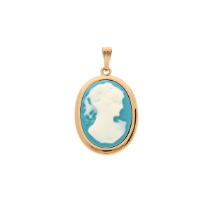 PENDENTIF PLAQUÉ OR CAMÉE RÉSINE BLEUE 30X22