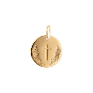 PENDENTIF PLAQUÉ OR MEDAILLE RONDE 15MM AVEC CROIX ET RAMEAU