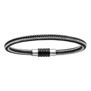 BRACELET ACIER CHARMS FERMOIR PVD NOIR AIMANTE ET VISSE TRESSE PVD NOIR ET GRIS 19,50 CM