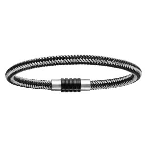 BRACELET ACIER CHARMS FERMOIR PVD NOIR AIMANTE ET VISSE TRESSE PVD NOIR ET GRIS 21CM