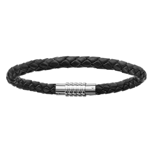 BRACELET ACIER CHARMS FERMOIR AIMANTE ET VISSE CUIR BOVIN NOIR 18CM