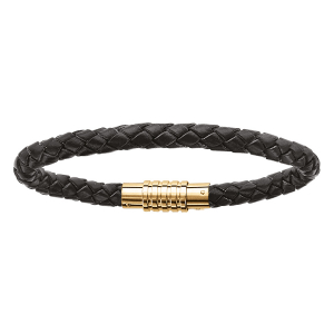BRACELET ACIER DORÉ CHARMS FERMOIR AIMANTE ET VISSE CUIR BOVIN NOIR 23CM