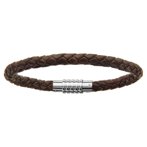 BRACELET ACIER CHARMS FERMOIR AIMANTE ET VISSE CUIR BOVIN MARRON 23 CM