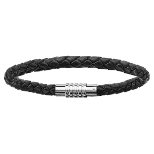 BRACELET ACIER CHARMS FERMOIR AIMANTE ET VISSE CUIR BOVIN NOIR 23CM
