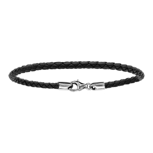BRACELET ARGENT RHODIÉ ET CUIR TRESSE BOVIN NOIR 17,5CM