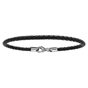 BRACELET ARGENT RHODIÉ ET CUIR TRESSE BOVIN NOIR 19,5CM