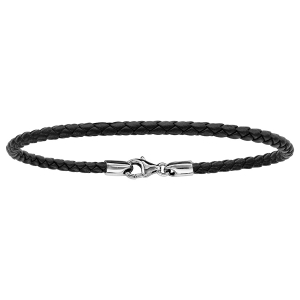 BRACELET ARGENT RHODIÉ ET CUIR TRESSE BOVIN NOIR 21CM