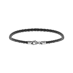 BRACELET ARGENT RHODIÉ ET CUIR TRESSE BOVIN NOIR 22CM