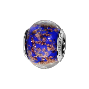 CHARMS COULISSANT ARGENT RHODIÉ MURANO VERITABLE BLEU PAILLETE DORE