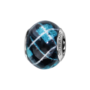 CHARMS COULISSANT ARGENT RHODIÉ MURANO VERITABLE BLEU MOTIF CARRÉAUX
