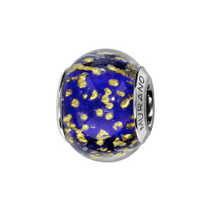 CHARMS COULISSANT ARGENT RHODIÉ MURANO VERITABLE BLEU AVEC DORURE