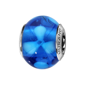 CHARMS COULISSANT ARGENT RHODIÉ MURANO VERITABLE BLEU AVEC FLEUR