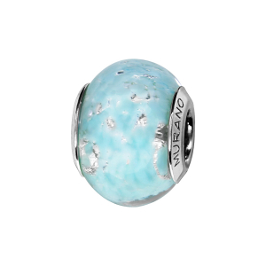 CHARMS COULISSANT ARGENT RHODIÉ MURANO VERITABLE BLEU CIEL AVEC FEUILLAGE