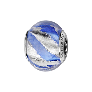 CHARMS COULISSANT ARGENT RHODIÉ MURANO VERITABLE BLEU CIEL AVEC ECLAT EN BIAIS BLANC