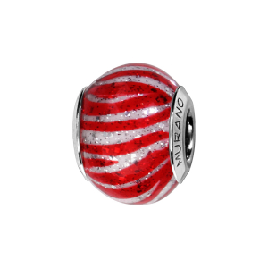 CHARMS COULISSANT ARGENT RHODIÉ MURANO VERITABLE ROUGE RAYURES