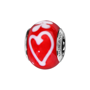 CHARMS COULISSANT ARGENT RHODIÉ MURANO VERITABLE ROUGE MOTIF COEUR ET FLEUR