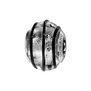 CHARMS COULISSANT ARGENT RHODIÉ MURANO VERITABLE ARGENTE FILET NOIR EN RELIEF
