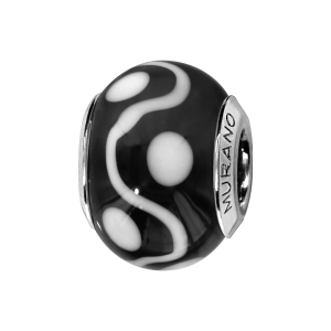 CHARMS COULISSANT ARGENT RHODIÉ MURANO VERITABLE NOIRE VAGUE ET TACHES BLANCHES