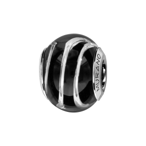 CHARMS COULISSANT ARGENT RHODIÉ MURANO VERITABLE NOIR FILET ARGENTE