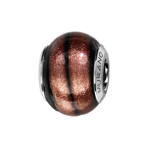 CHARMS COULISSANT ARGENT RHODIÉ MURANO VERITABLE NOIR BANDE MARRON