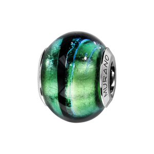 CHARMS COULISSANT ARGENT RHODIÉ MURANO VERITABLE VERT REFLET BLEU FILET NOIR