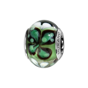 CHARMS COULISSANT ARGENT RHODIÉ MURANO VERITABLE VERT MOTIF FLEUR