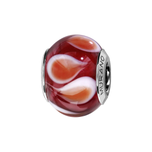 CHARMS COULISSANT ARGENT RHODIÉ MURANO VERITABLE ROUGE MOTIF GOUTTE BLANCHE ET BRUNE