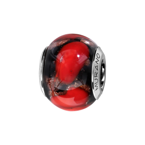 CHARMS COULISSANT ARGENT RHODIÉ MURANO VERITABLE NOIR MOTIF ROUGE