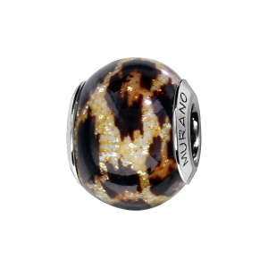 CHARMS COULISSANT ARGENT RHODIÉ MURANO LEOPARD PAILLETE ET BRUN