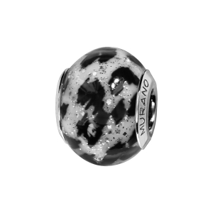 CHARMS COULISSANT ARGENT RHODIÉ MURANO LEOPARD BLANC ET NOIR PAILLETTE