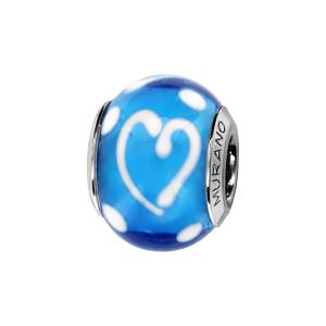 CHARMS COULISSANT ARGENT RHODIÉ MURANO BLEU COEUR BLANC FIN