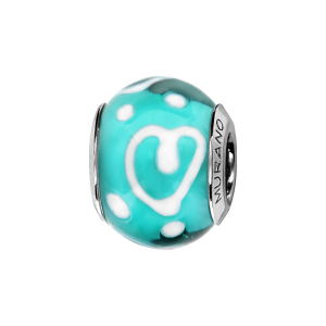 CHARMS COULISSANT ARGENT RHODIÉ MURANO FOND TURQUOISE COEUR BLANC FIN