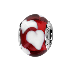 CHARMS COULISSANT ARGENT RHODIÉ MURANO FOND ROUGE COEUR BLANC