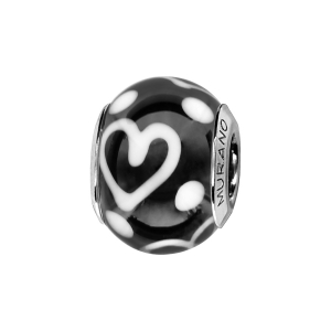 CHARMS COULISSANT ARGENT RHODIÉ MURANO NOIR COEUR BLANC/ROSE FIN