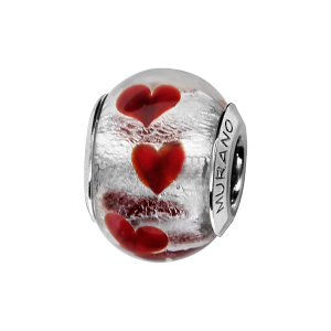 CHARMS COULISSANT ARGENT RHODIÉ MURANO PAILLETE COEUR ROUGE