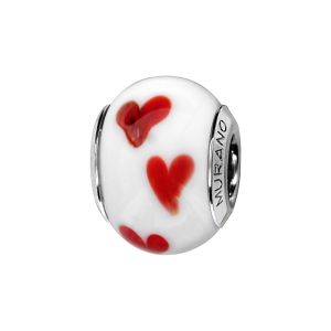CHARMS COULISSANT ARGENT RHODIÉ MURANO FOND BLANC COEUR ROUGE