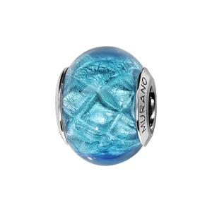 CHARMS COULISSANT ARGENT RHODIÉ MURANO BLEU TURQUOISE QUADRILLAGE