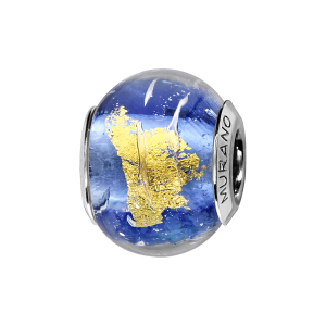 CHARMS COULISSANT ARGENT RHODIÉ MURANO BLEU FEUILLE DORE